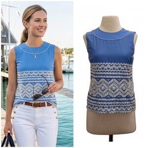 Tory Burch $298 Blue Resort Eyelet Embroidered Sleeveless Top Sz 4 Small Coastal